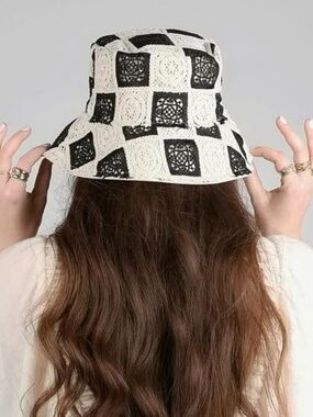 House of Harlow 1960 Floral Crochet Lace checkered Bucket Hat